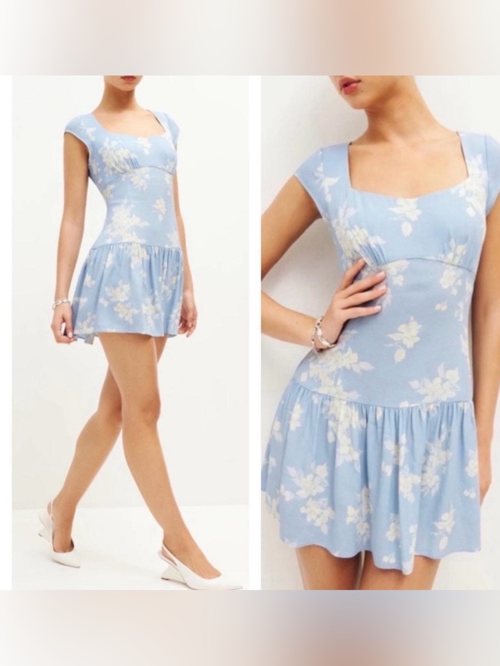 Reformation Olencia Floral Cap
Sleeve Ruffle Hem Blue Mini Dress Size 2